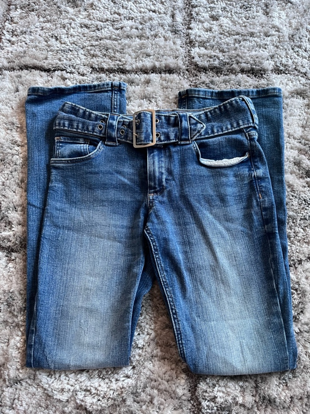 H&M Women's Distressed Light Blue Bootcut Jeans with Denim Belt